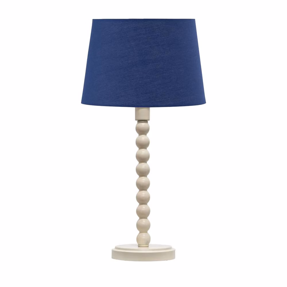 First Choice Lighting Bobbin Set of 2 Ceramic Table Lamps with Blue Fabric Shades in White – 2