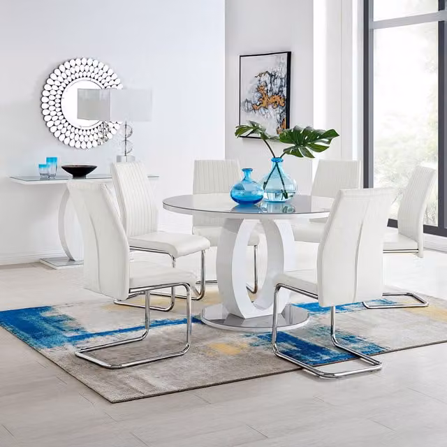 FurnitureboxUK Giovani Round Grey Dining Table and 6 Lorenzo White Chairs Set, Diameter: 120 cm