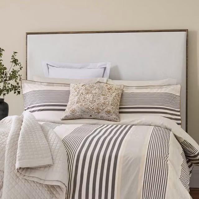 Bedeck of Belfast Alba Reversible Striped Cotton Percale Double Duvet Cover and Pillowcase Set, Grey and Beige, 140 x 200 cm