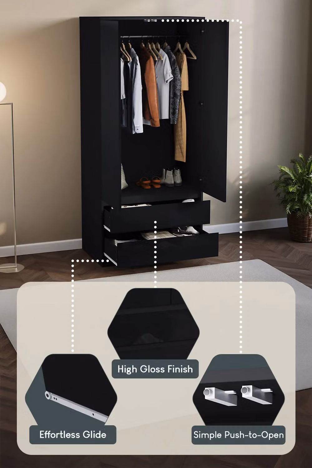 Vida Designs Glinton High Gloss 2 Door 2 Drawer Wardrobe in Black – 3