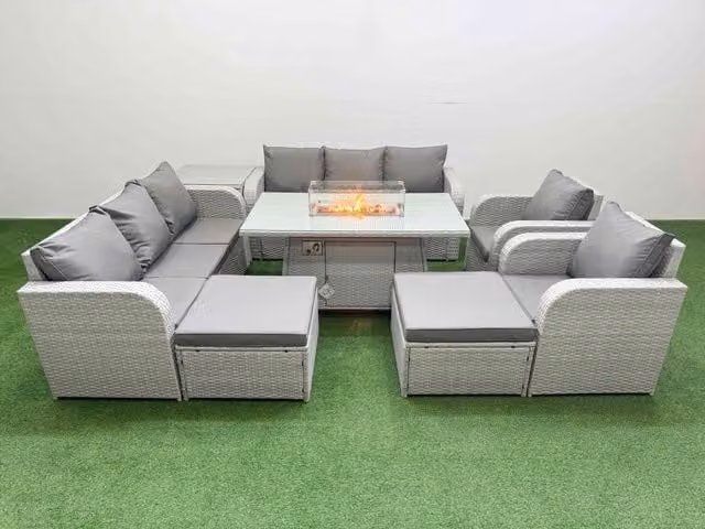 Fimous Grey PE Rattan High Back Lounge Sofa Set with 3 Seater Sofa, Reclining Chair, 2 Footstools, Firepit Dining Table and Side Table