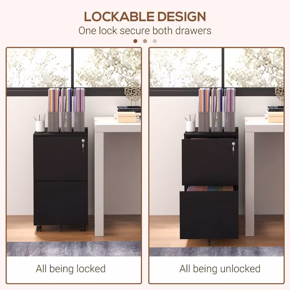 Rolipo Black Lockable 2-Drawer Steel Mobile Filing Cabinet with Castors – 5