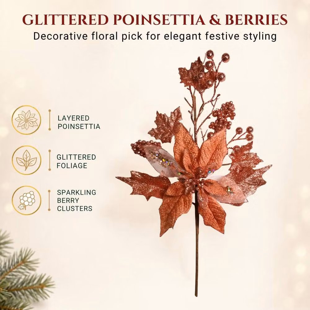 Shatchi Rose Gold Glitter Poinsettia and Berry Christmas Picks, 6 Pack, Height: 46 cm – 4