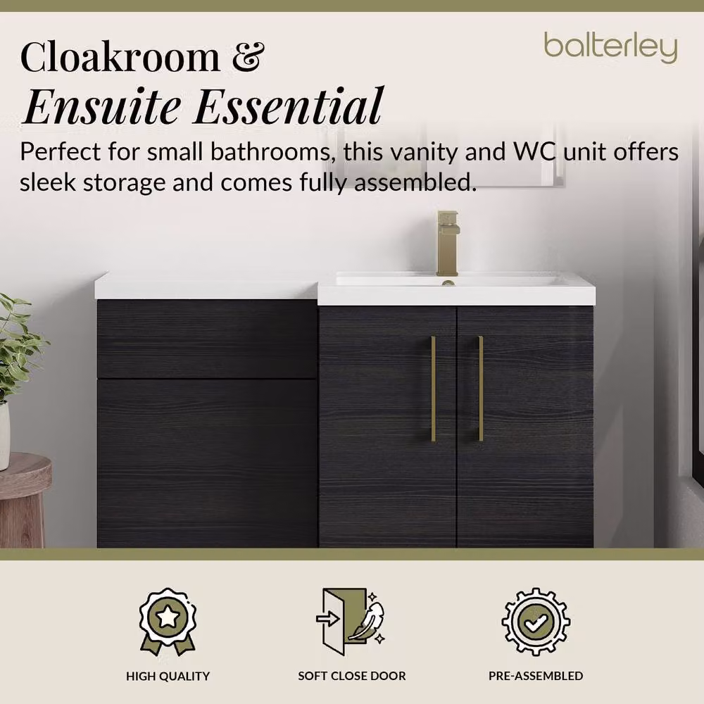 Balterley Modern Matt Black Woodgrain Right-Hand Vanity and WC Unit Combination, W: 110 cm, H: 84 cm – 3