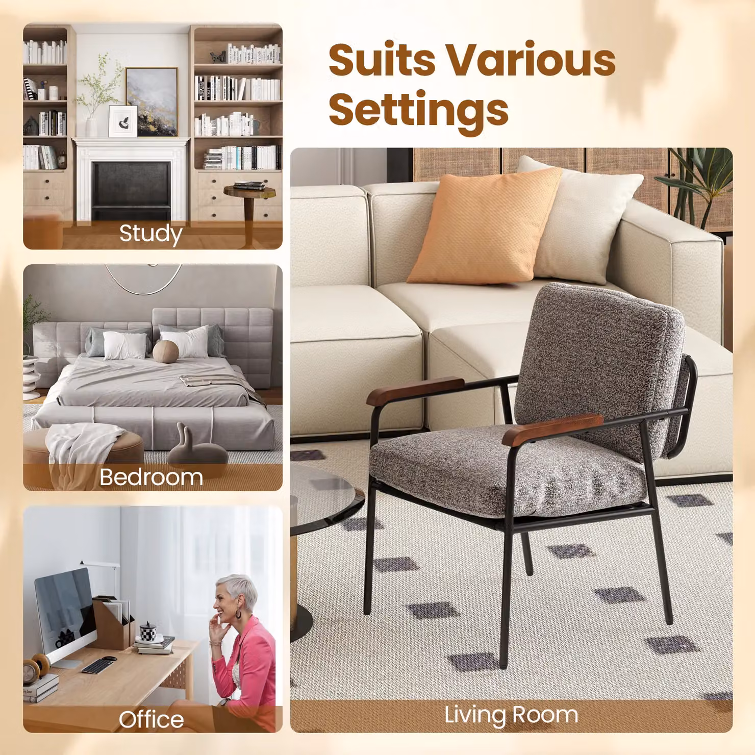 Costway Modern Grey Fabric Accent Chair with Armrests and Metal Frame – 5