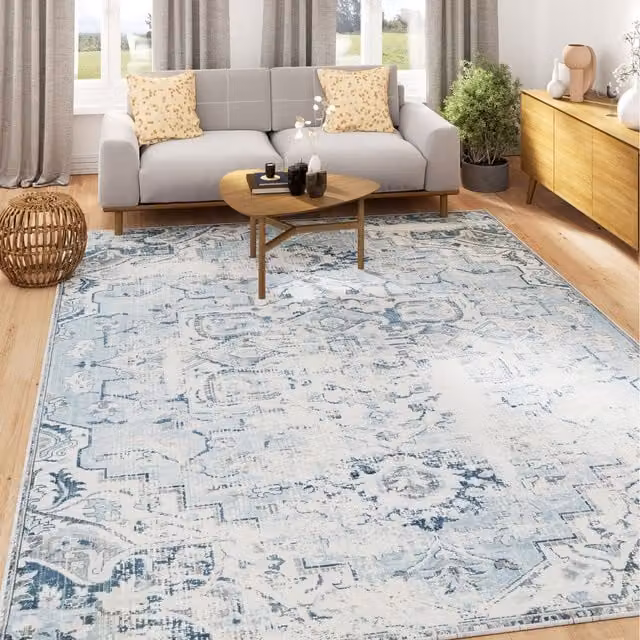 The Rug House Modern Vintage Washable Rectangular Area Rug in Blue, 170 cm