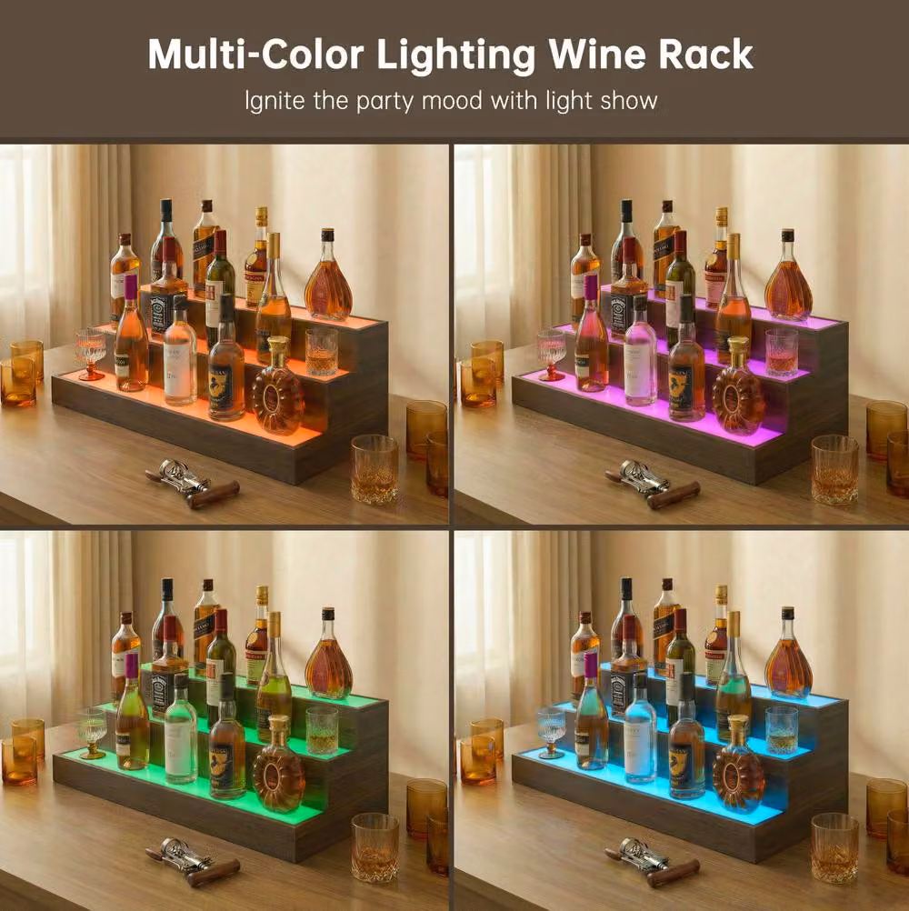 STILVORA Brown Wood Bottle Display Shelf with Integrated LED Lighting – 4