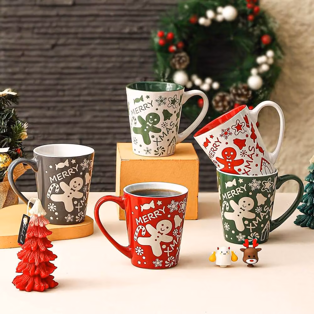 Simpa 6-Piece Christmas Gingerbread Man Stoneware Mug Set, 350ml, Red, White, Green and Grey – 3
