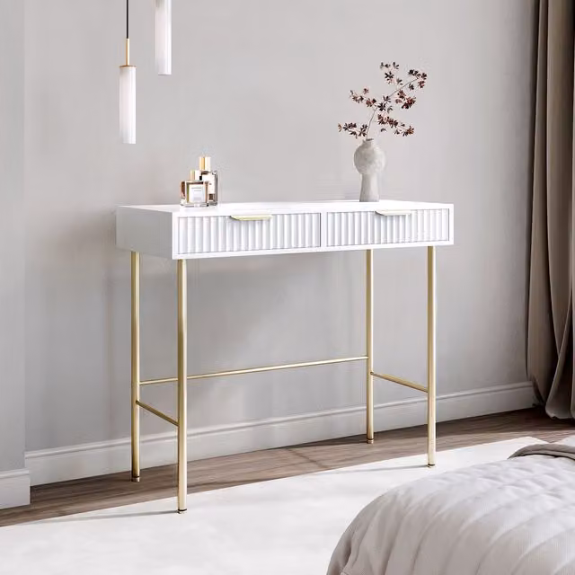 Carme Home Maya White Dressing Table with Ribbed Front Drawers and Grey Velvet Lining