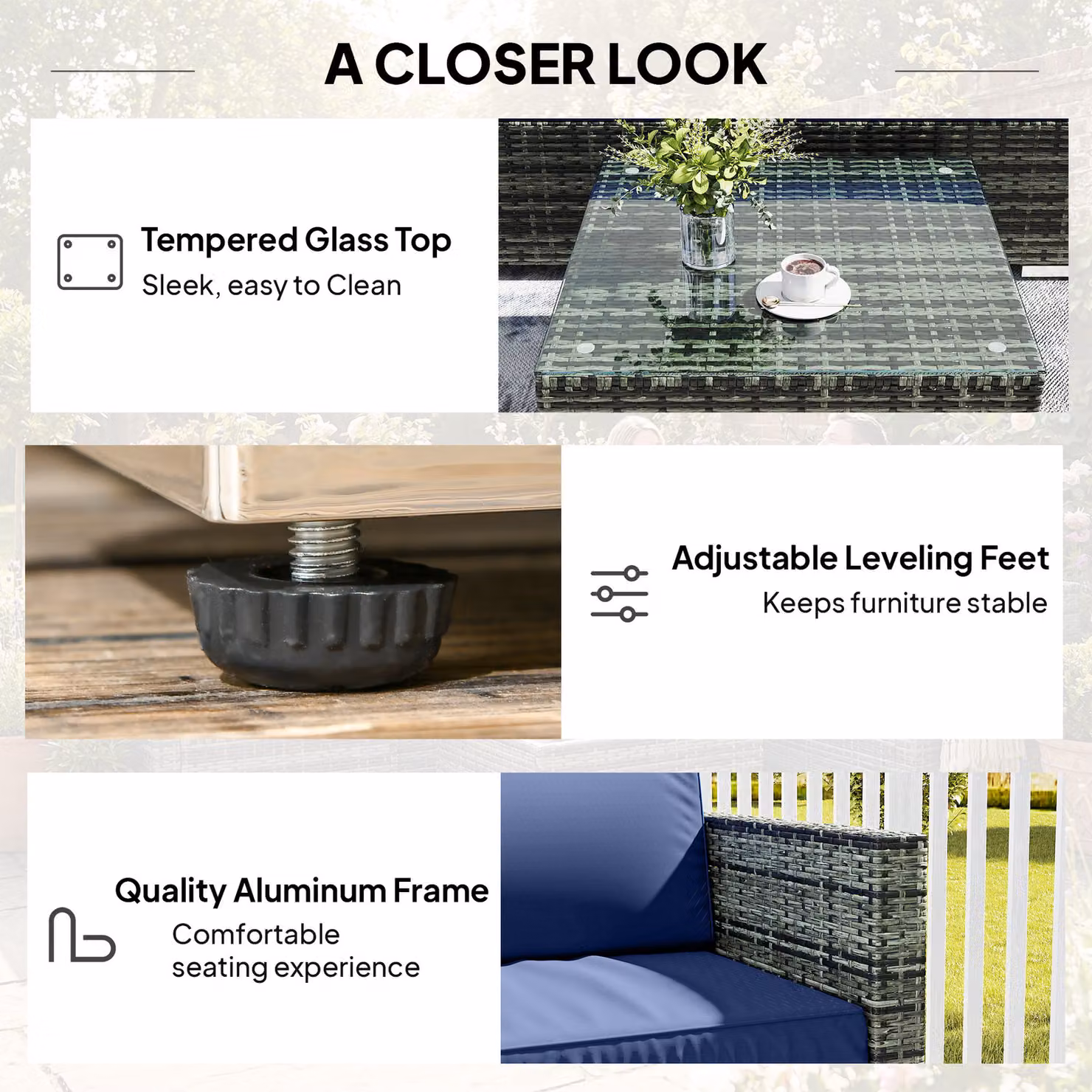 Outsunny 4-Piece Blue Rattan Garden Sofa Set with Cushions and Coffee Table – 6