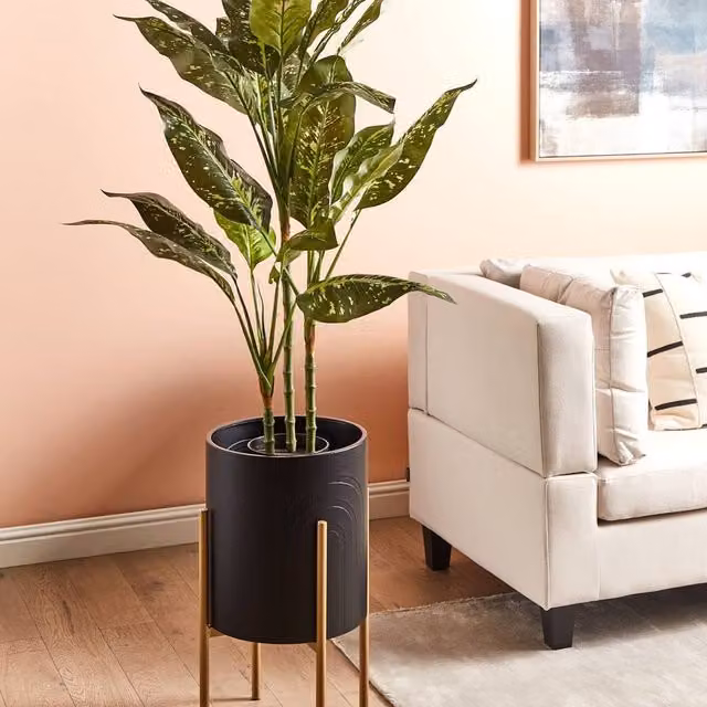 Wyld and Coco Black and Gold Lacquered Metal Geometric Plant Stand, W/D/H: 32 x 32 x 58 cm