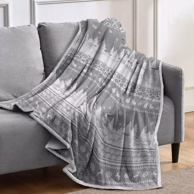 Velosso Teddy Soft Nordic Printed Sherpa Reverse Fleece Throw in Grey