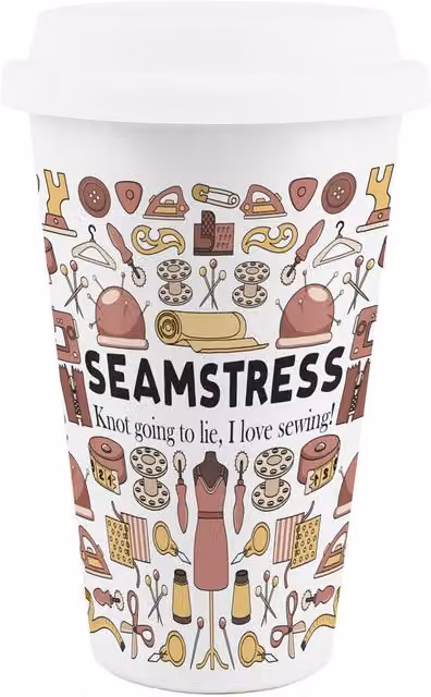Purely Home Novelty Seamstress Ceramic Travel Mug, White
