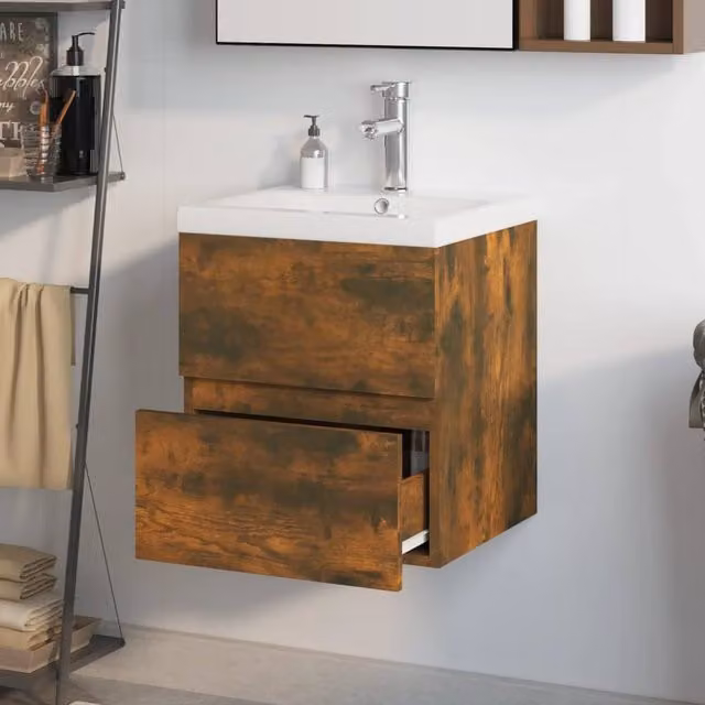 Berkfield Home Wall Mounted Bathroom Sink Cabinet with Built-in Basin in Smoked Oak Brown, W/D/H: 45.0 x 38.5 x 41.0 cm
