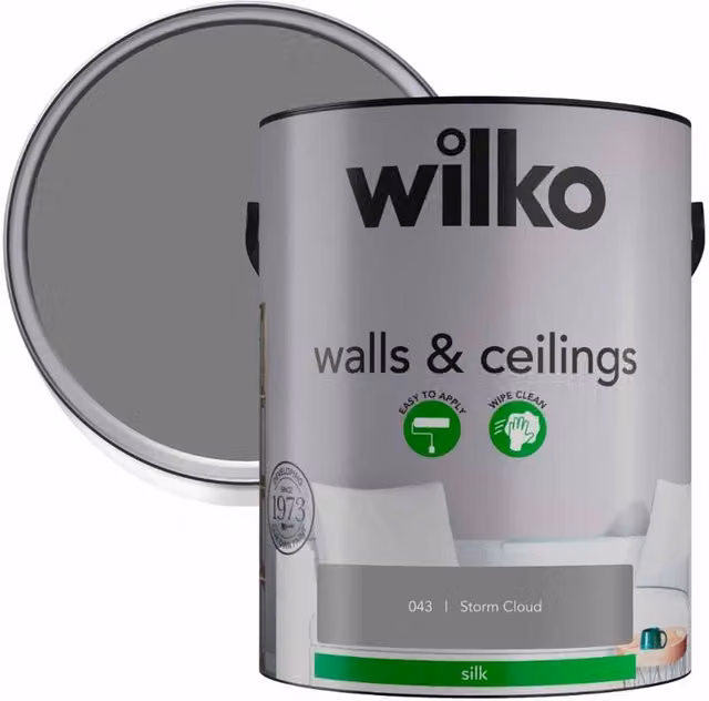 wilko Walls and Ceiling Silk Emulsion Paint, Storm Cloud Grey, 5 l