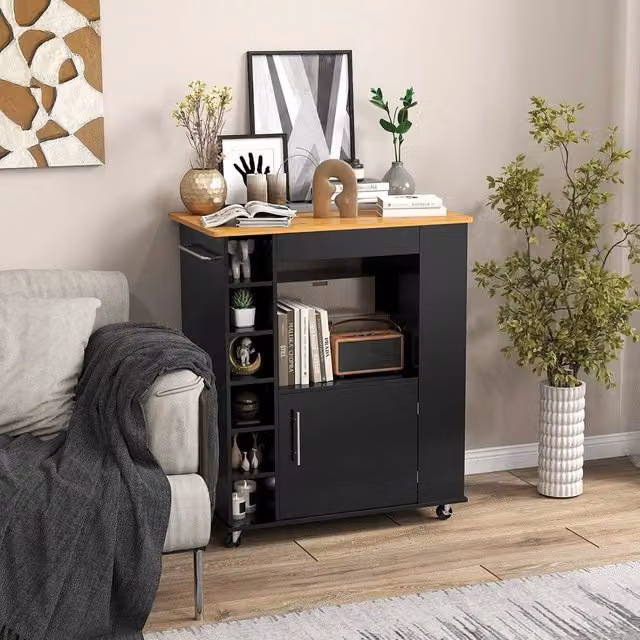 KORVIXA Black Rolling Kitchen Island Storage Cabinet Cart with Bamboo Top – 1