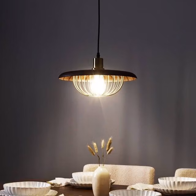 Wyld and Coco Industrial Open Cage Pendant Lamp in Gold and Brown