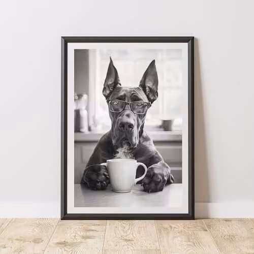 60 Second Makeover Funny Great Dane Drinking Coffee Paper Poster, A3, Multicolour