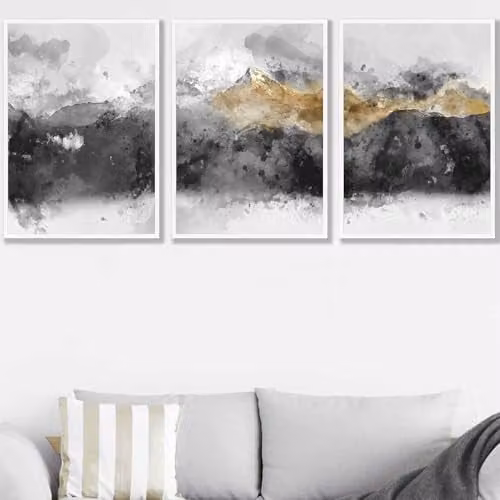 ARTZE Set of 3 Modern Abstract Grey and Yellow Mountain Landscape Paper Posters, W: 42 cm, H: 59.4 cm