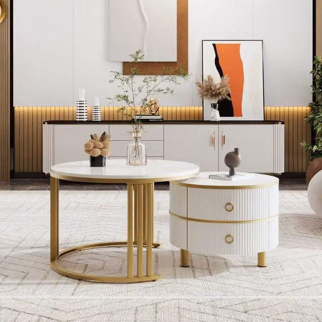 Home Touch Interiors Set of 2 Round Nesting Coffee and Side Tables with White and Brown Glossy Glass Tops