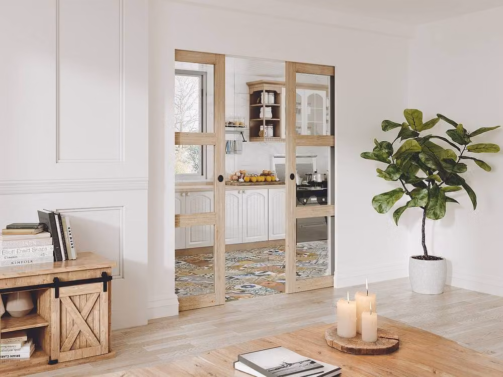 Vente-unique Double Sliding Door with Pocket System in Wood and Tempered Glass, Light Oak – 2