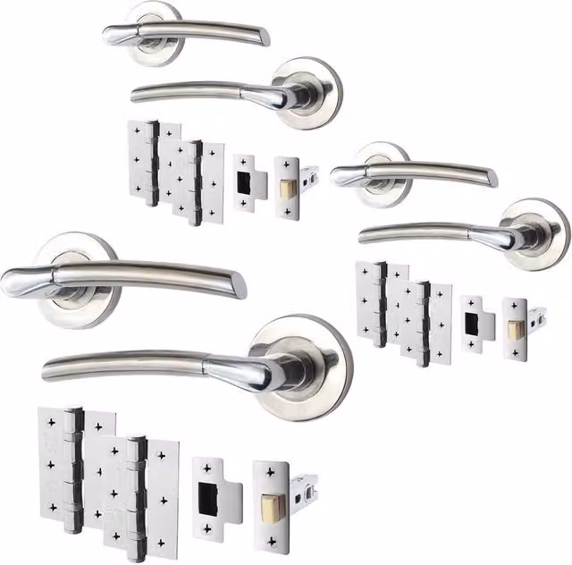 AFIT Chrome Door Handle Pack of 3, Satin Nickel Lever with Latch and Hinges in Silver, W/D/H: 15.0 x 6.5 x 15.0 cm
