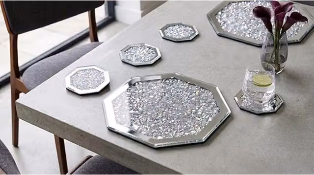 DEENZ Silver Glass Octagonal Placemats, Set of 6, Diameter: 25 cm