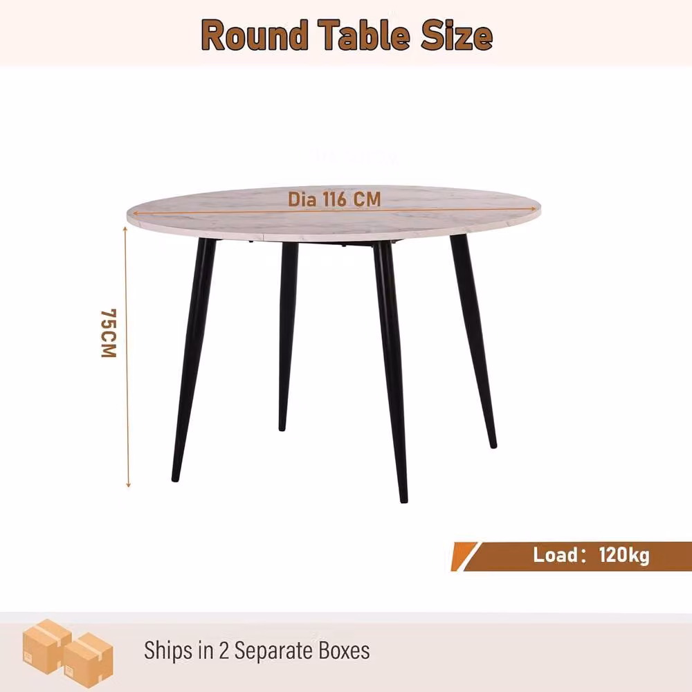 FURNITURE ONE Round White Marble Dining Table with Black Metal Legs, Diameter: 116 cm – 2