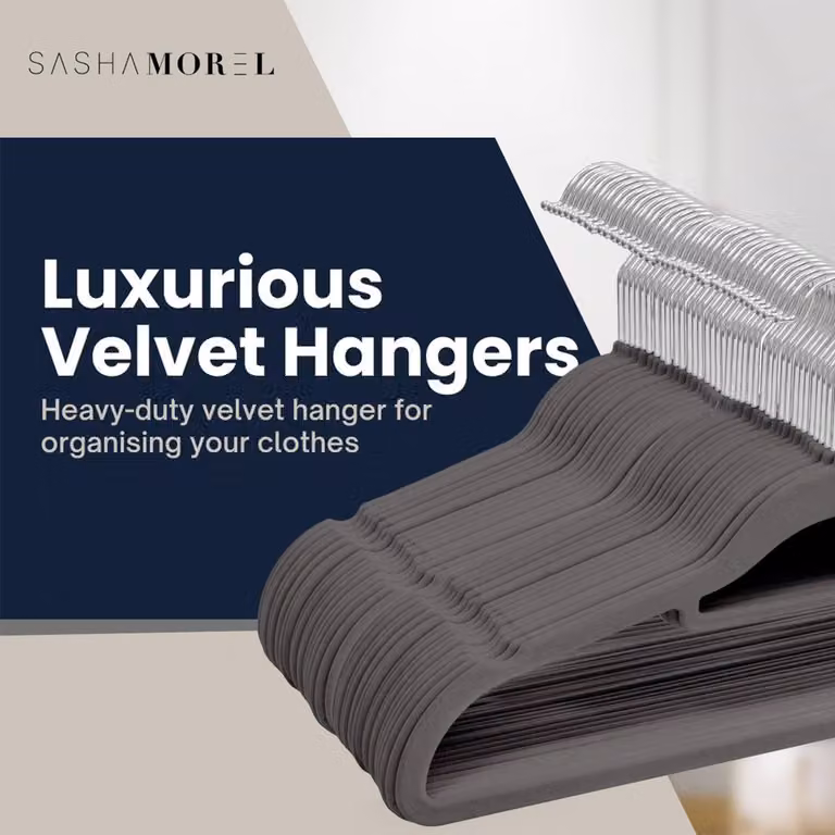 Sasha Morel 50 Pack Non-Slip Velvet Coat Hangers with Tie Organiser and Swivel Hooks, Pink and Grey