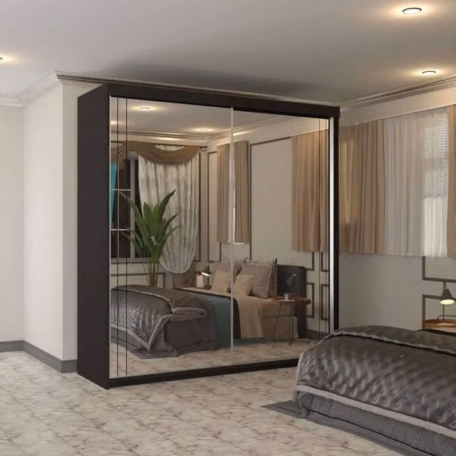Sliding Wardrobes 4U Modern Full Mirror Sliding Wardrobe with Integrated Drawers in Black, Width: 203 cm – 1