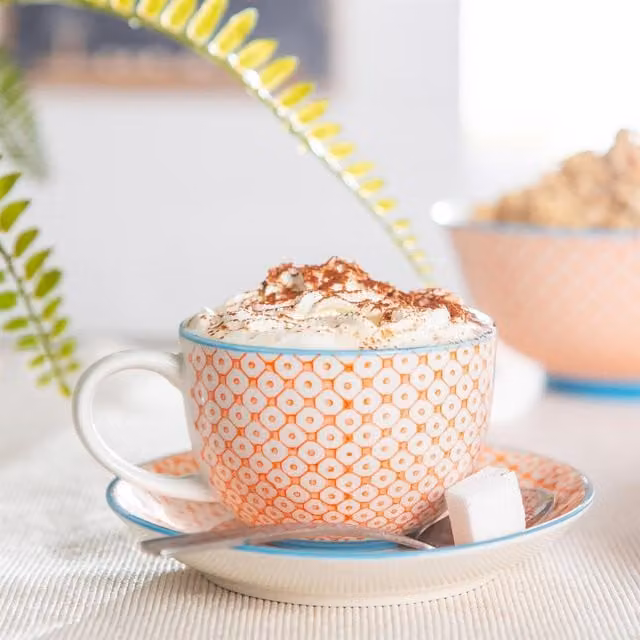 Nicola Spring Floral Hand-Printed Cappuccino Cup and Saucer Set, Orange, 250ml