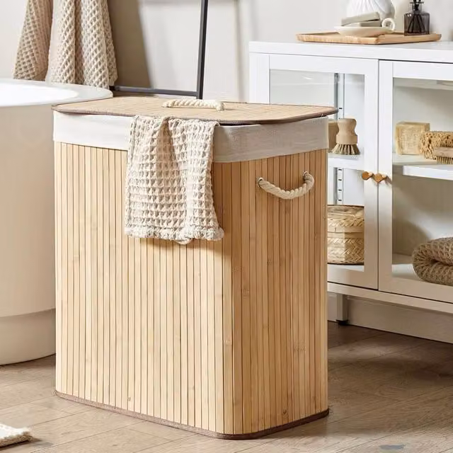 Wyld and Coco Bamboo Laundry Hamper with Lid, Two Compartments and Rope Handles, Brown