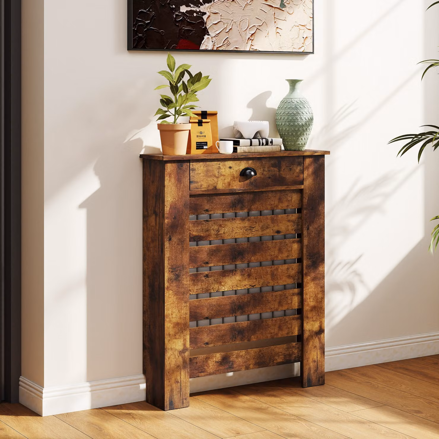 HOMCOM Radiator Cover with Drawer, Rustic Brown, H 95.5 x W 78 x D 19 cm – 2