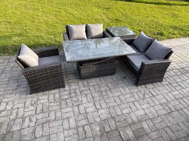 Fimous 5-Piece Rattan Outdoor Garden Furniture Set with Height Adjustable Rising Table and Side Table in Dark Grey Mixed