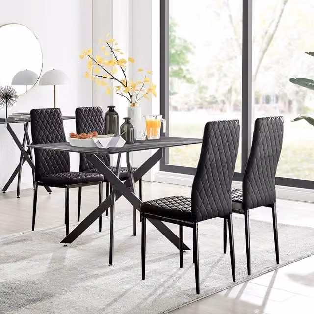 Furniturebox Leonardo Grey Glass Marble Effect Rectangular Dining Table and 4 Milan Black Leg Chairs Set