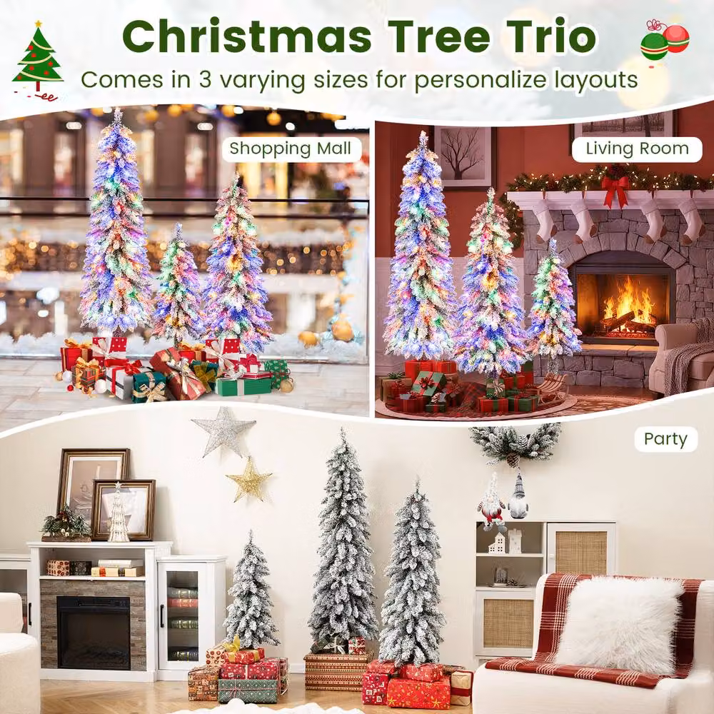 Gymax 3 Pack Pre-lit Flocked Artificial Christmas Tree Set in Green – 7