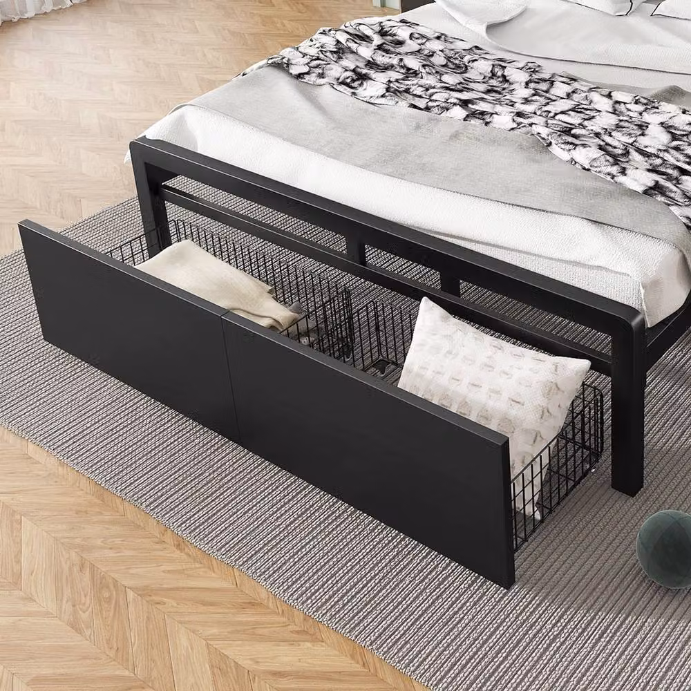 Rolipo Black 4ft6 Double Metal Bed with LED Under-Bed Lighting, Storage Drawers and USB Charging Ports – 7