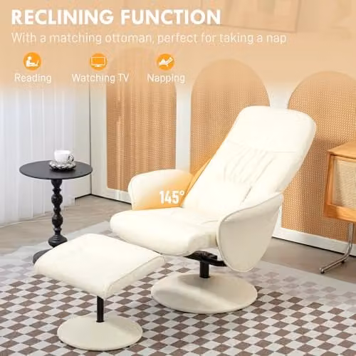 HOMCOM Swivel Recliner Armchair with Ottoman in White PU Leather – 3