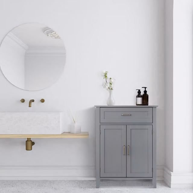 Teamson Home Mid-Century Wooden Bathroom Floor Cabinet in Grey with Hinged Doors and Internal Drawers