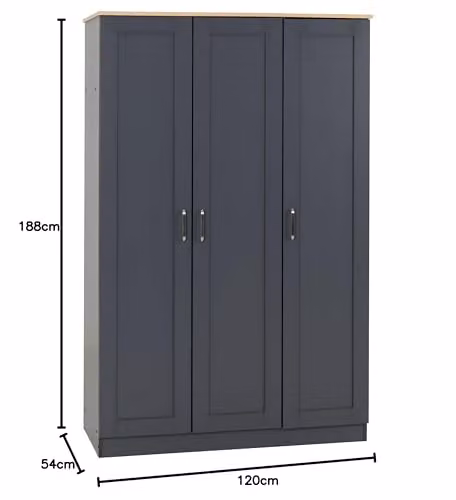 Seconique Portland 3 Door Wardrobe in Grey and Oak Effect, W/D/H: 119.5 x 53.5 x 187.5 cm – 3