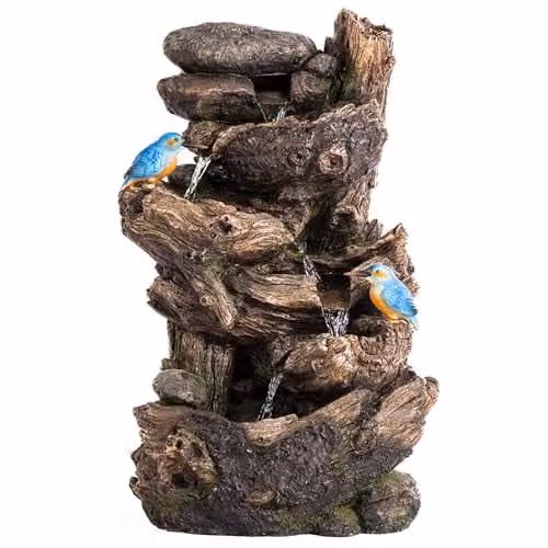 Serenity Cascading Tree Trunk Water Feature with LED Lights and Two Kingfishers in Brown and Blue, Height: 63 cm – 1