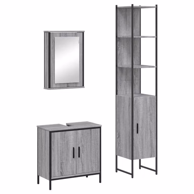 Berkfield Home 3 Piece Grey Bathroom Furniture Set including Mirror Cabinet, Vanity Unit and Tall Cabinet