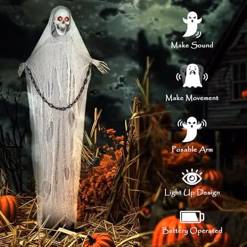 Outsunny Life Size Animated Halloween Grim Reaper Skeleton Decoration, Grey and White, Height: 183 cm – 6
