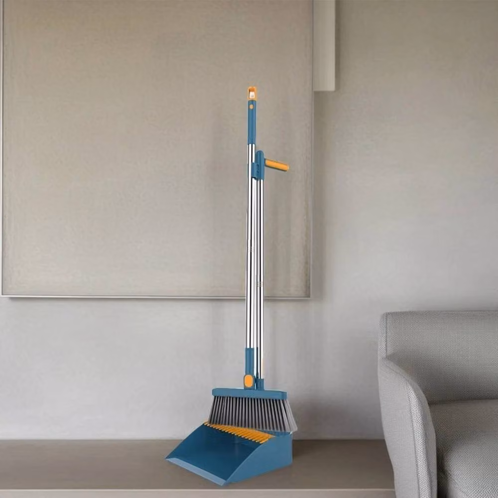 NESTLUNE 3-Piece Blue Metal Long Handled Dustpan, Wiper and Brush Set with Scraper, W/D/H: 100 x 15 x 15 cm – 2