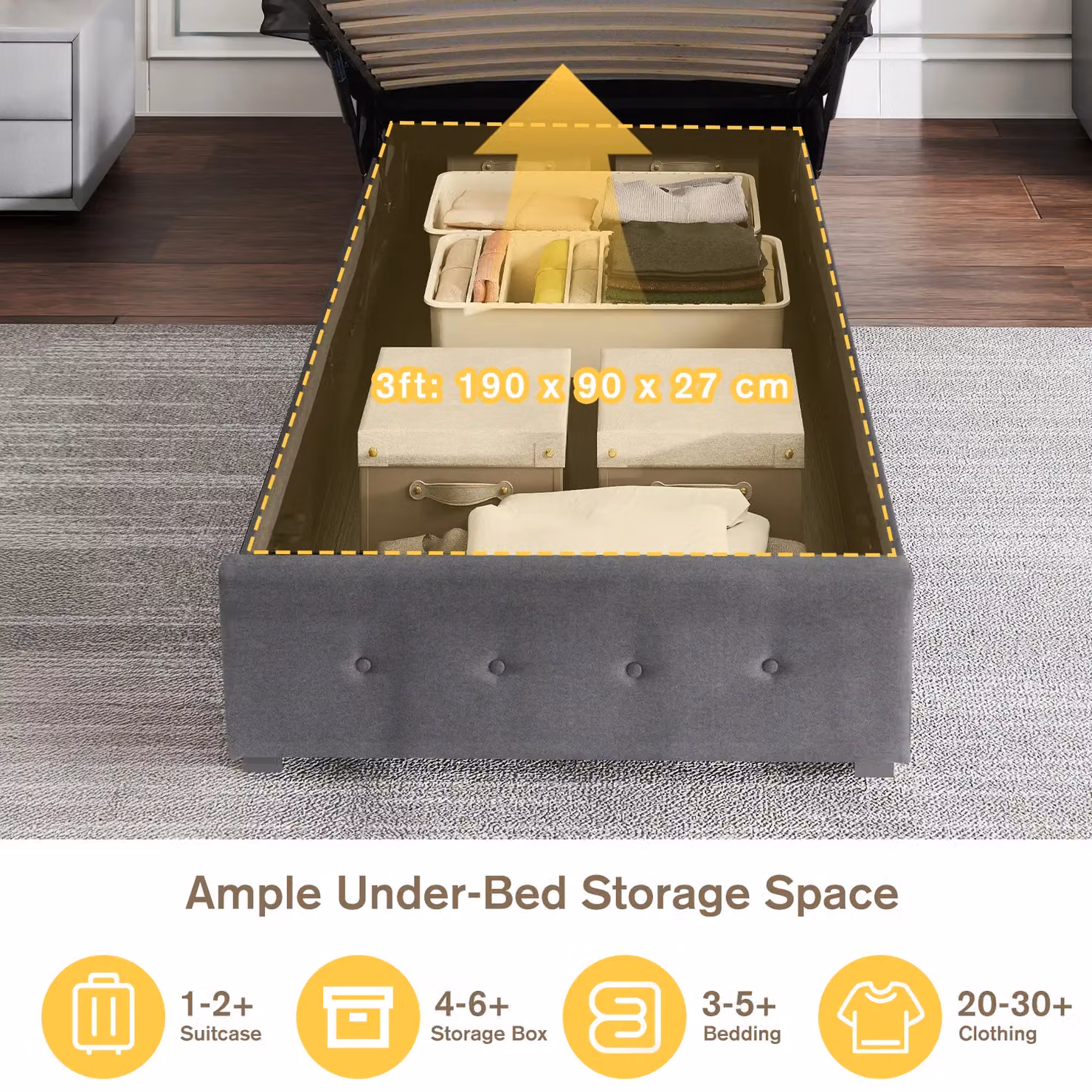 Comfy Living Ltd Grey Fabric Upholstered Ottoman Storage Gaslift Bedframe, W: 100 cm, D: 200 cm, H: 103 cm – 4