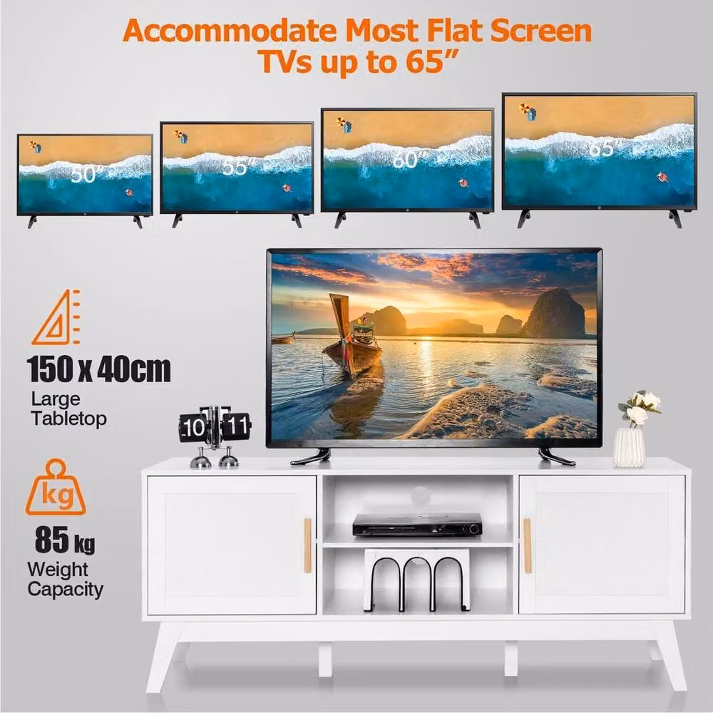 Havendro White Rattan 65 Inch TV Stand with Adjustable Shelf and 2-Door Cabinet – 2