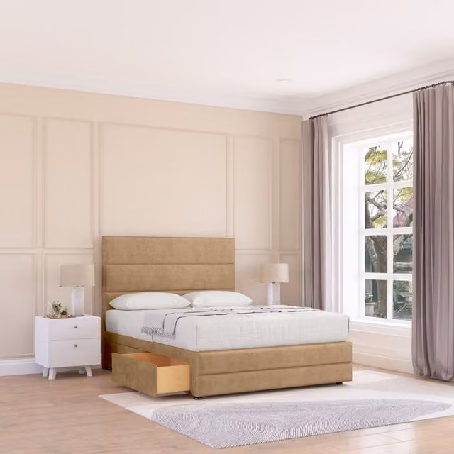 Sloomy Monaco Upholstered Bed Base with 2 Drawers and Floor Standing Headboard in Brown, Size: Super King (W/D/H: 200 x 200 x 30.48 cm)
