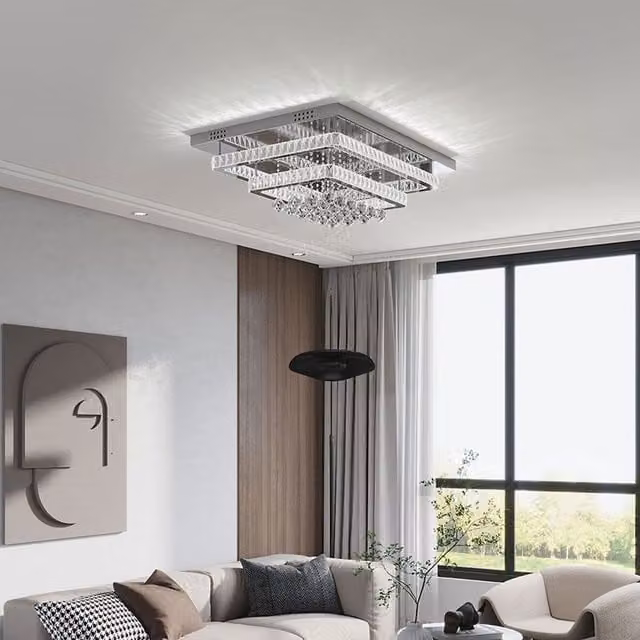 Living Star Modern Crystal LED Square Flush Mount Ceiling Light in Silver and Transparent, W: 80 cm, D: 60 cm, H: 25 cm