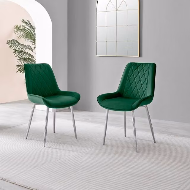 FurnitureboxUK 2x Pesaro Green Velvet Dining Chairs with Silver Metal Legs