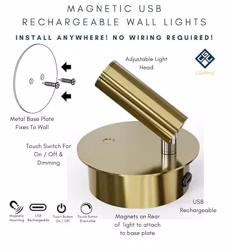 CGC Lighting Scarlet Dimmable LED Rechargeable Magnetic USB Wall Light in Gold/Brass or White – 2